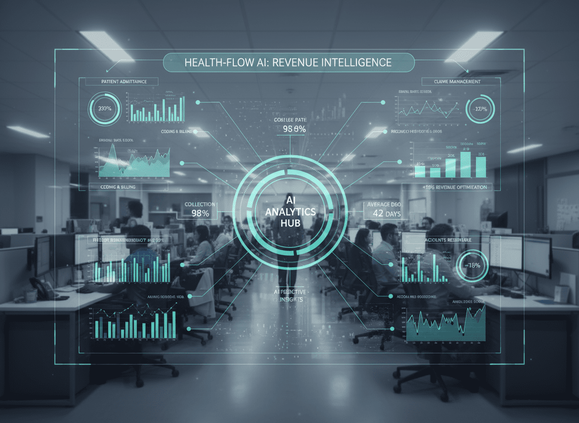 AI-enabled analytics dashboard overlaid on a hospital revenue cycle workflow